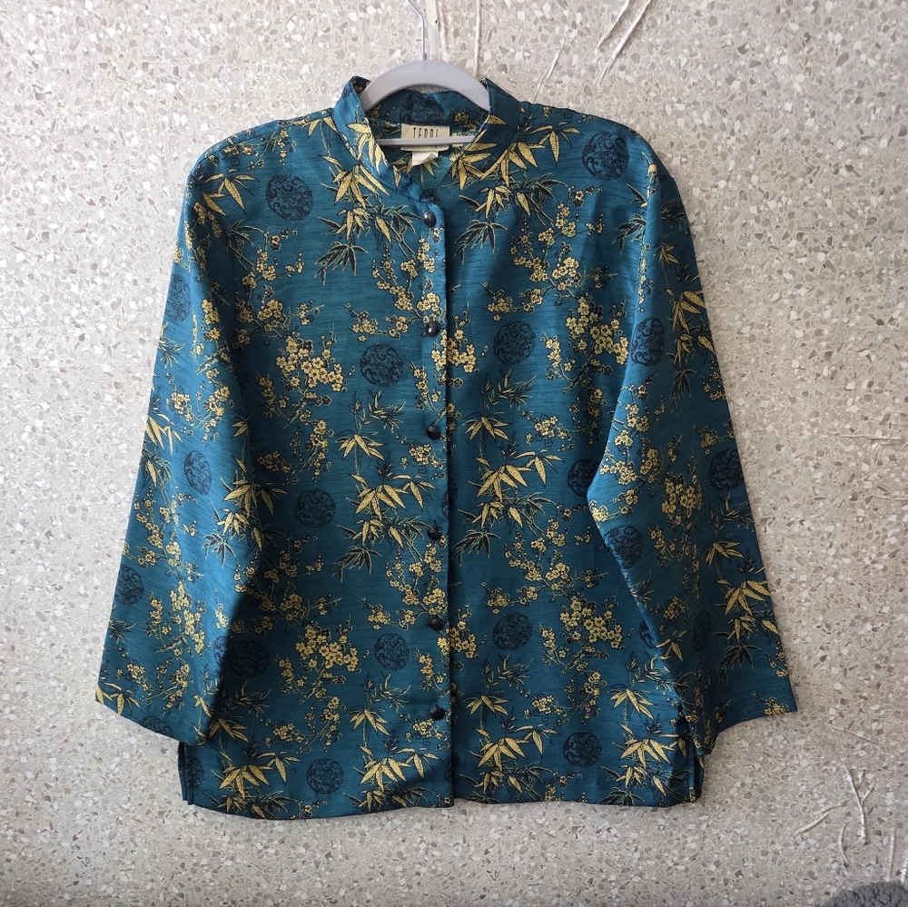 TEDDI, VTG, Petite, Women, Asian Top,Teal Green /Gold Sakura Floral Details (PL)